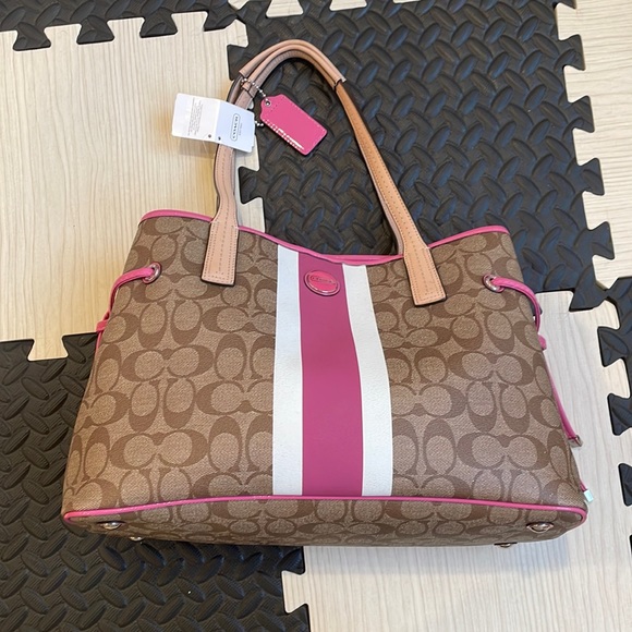 Coach Pink Stripe Brown Signature Coated Canvas Carryall Tote Bag F22908 NWT - Picture 2 of 16